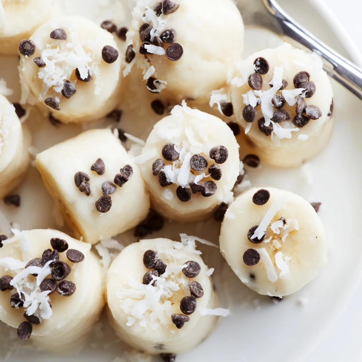Parchment-lined sheet holding Frozen Banana Yogurt Bites with glossy yogurt coating