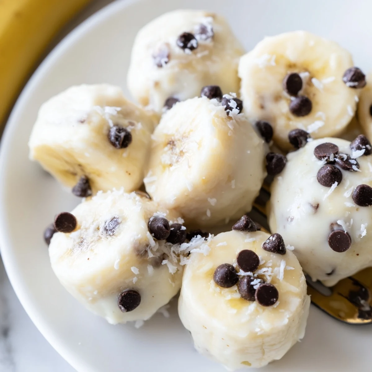 Tray of Frozen Banana Yogurt Bites garnished with shredded coconut, ready to serve