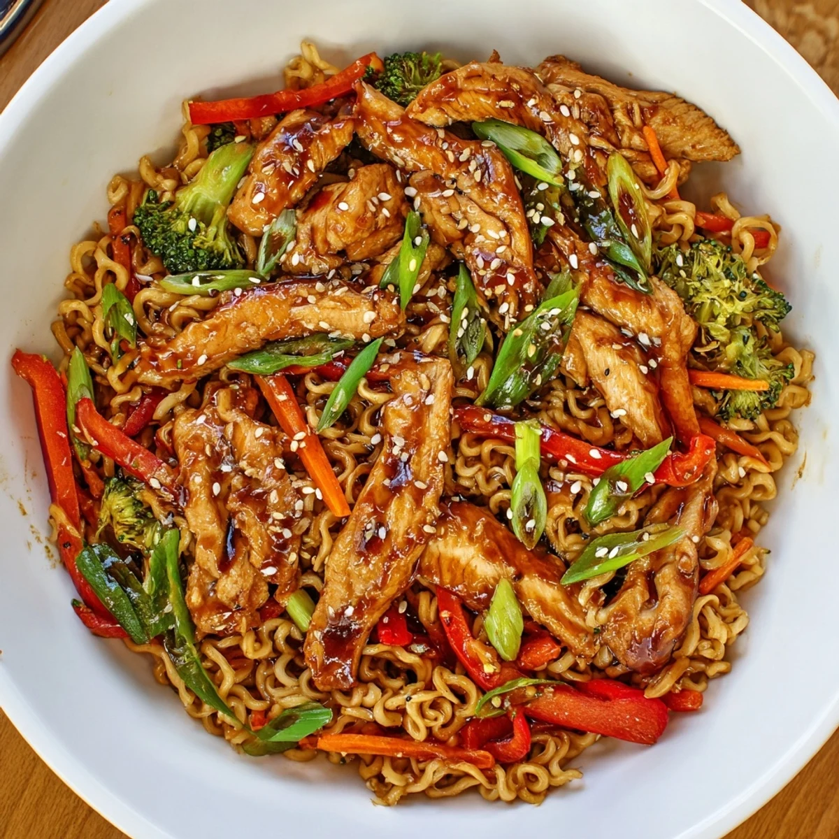Chicken Ramen Stir Fry with glossy sauce, tender chicken and crisp vegetables