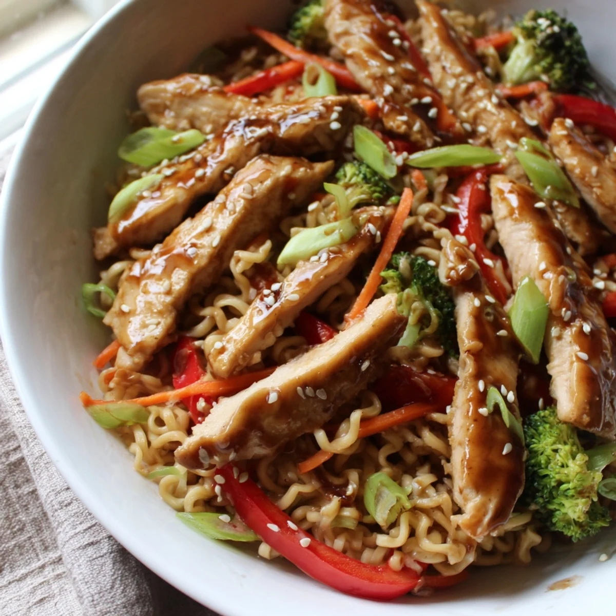 Pan seared Chicken Ramen Stir Fry piled high with bouncy noodles