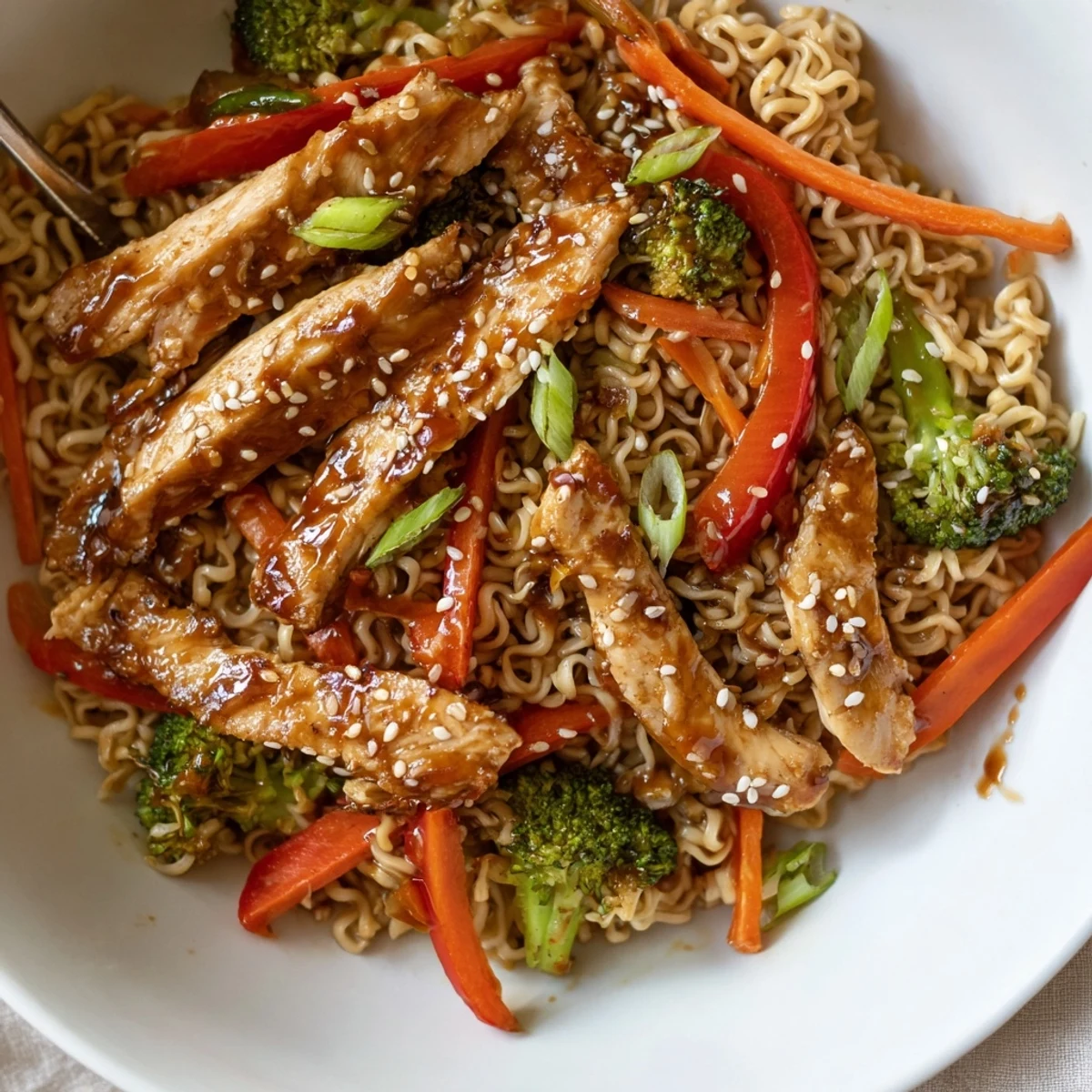 Weeknight Chicken Ramen Stir Fry tossed in savory sauce, garnished with sesame