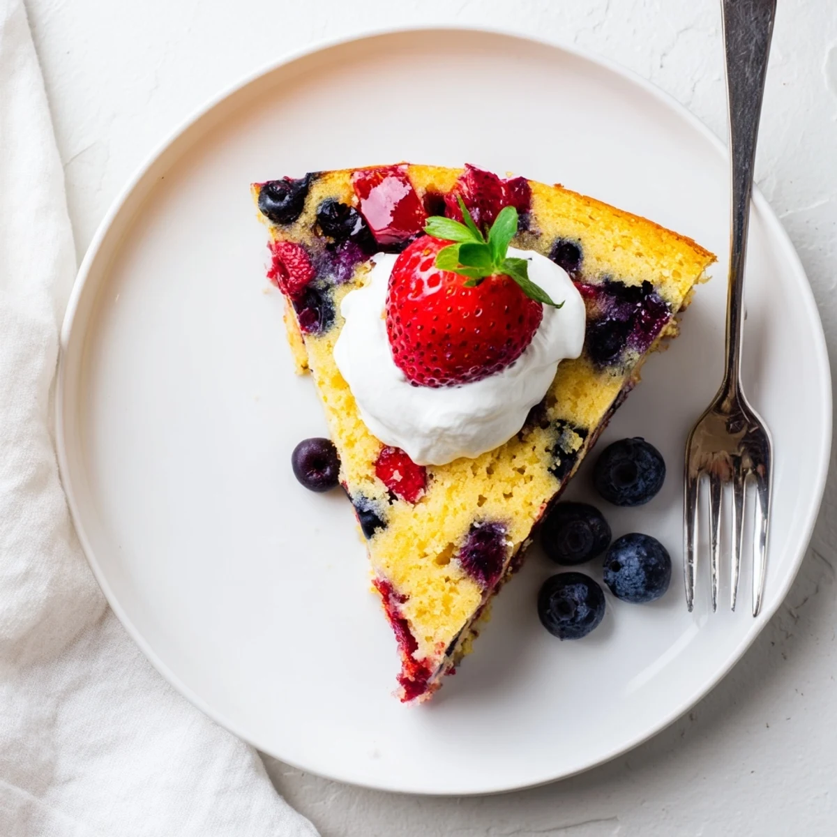 Golden basil berry cake topped with fresh mixed berries and herb garnish on serving plate