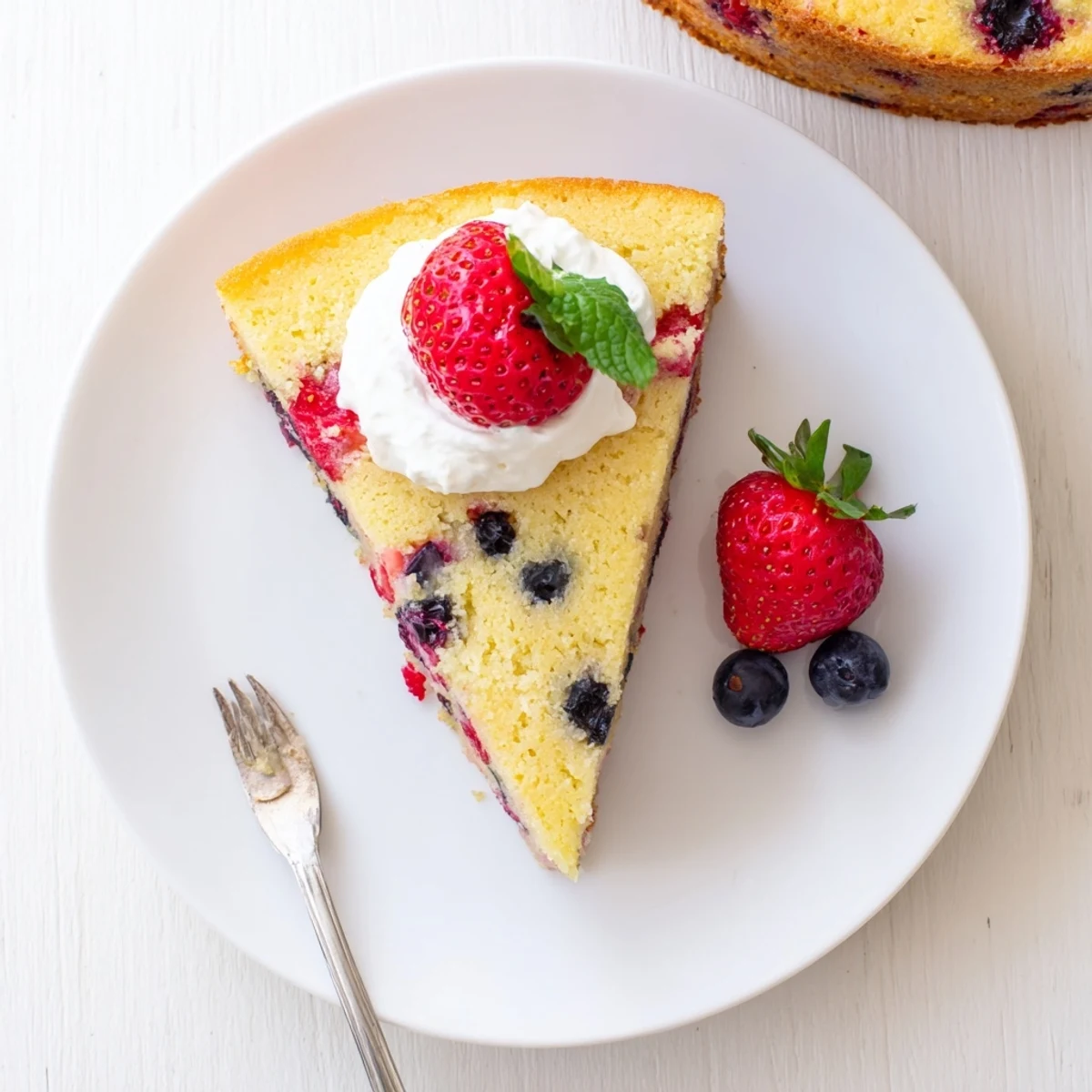 Fresh basil berry cake with whipped cream and whole berries arranged on rustic wooden board