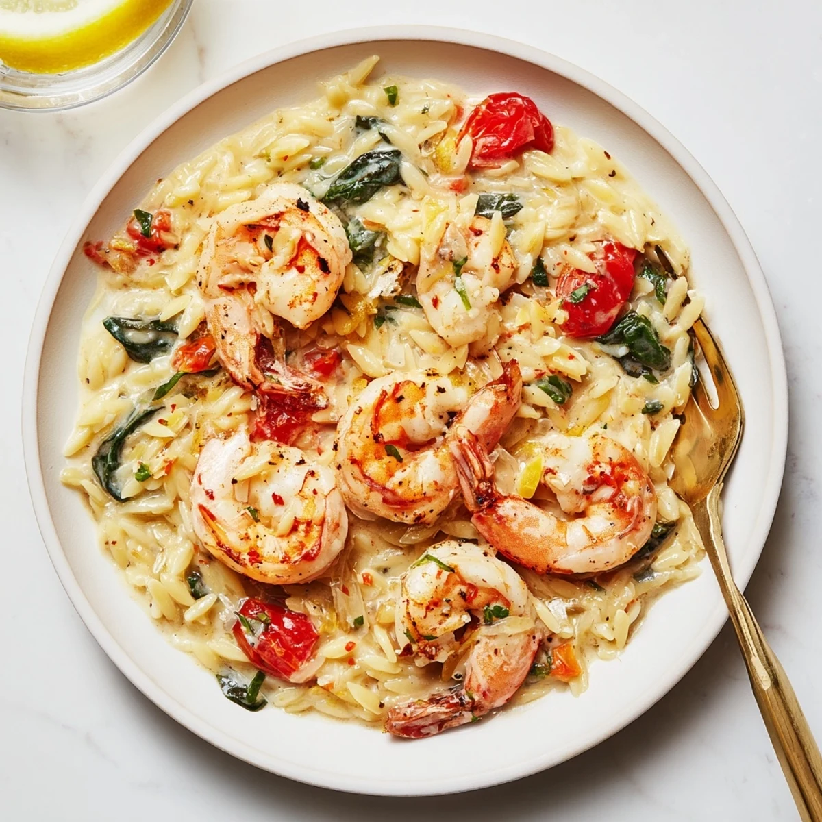 Creamy Shrimp Orzo Recipe served steaming from skillet, lemon zest and parsley  