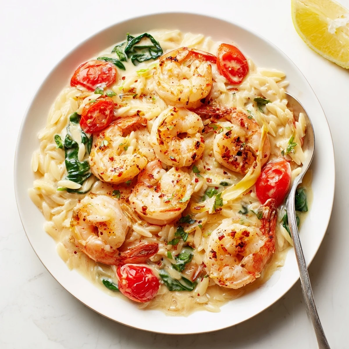 Aromatic Creamy Shrimp Orzo Recipe with tender shrimp, wilted spinach, grated Parmesan  
