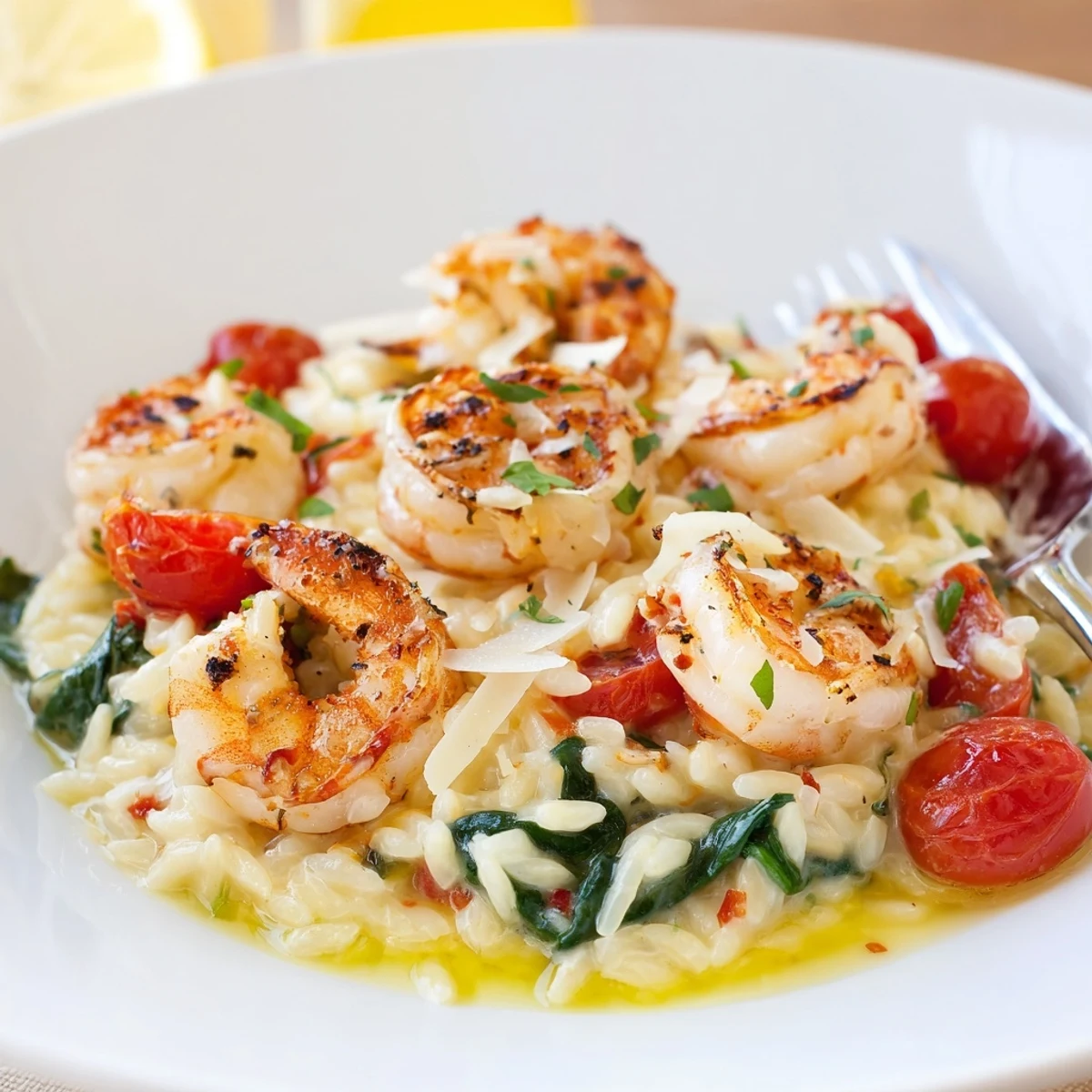 Weeknight Creamy Shrimp Orzo Recipe tossed with lemon zest, spinach, and wine