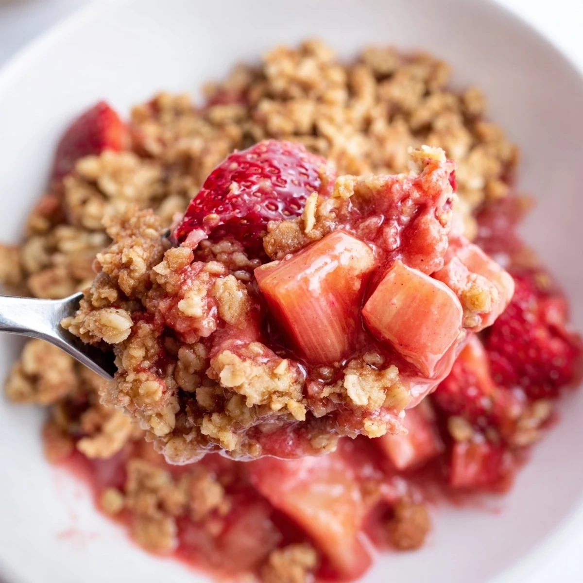 Strawberry Rhubarb Crisp Recipe served warm with melting vanilla ice cream.