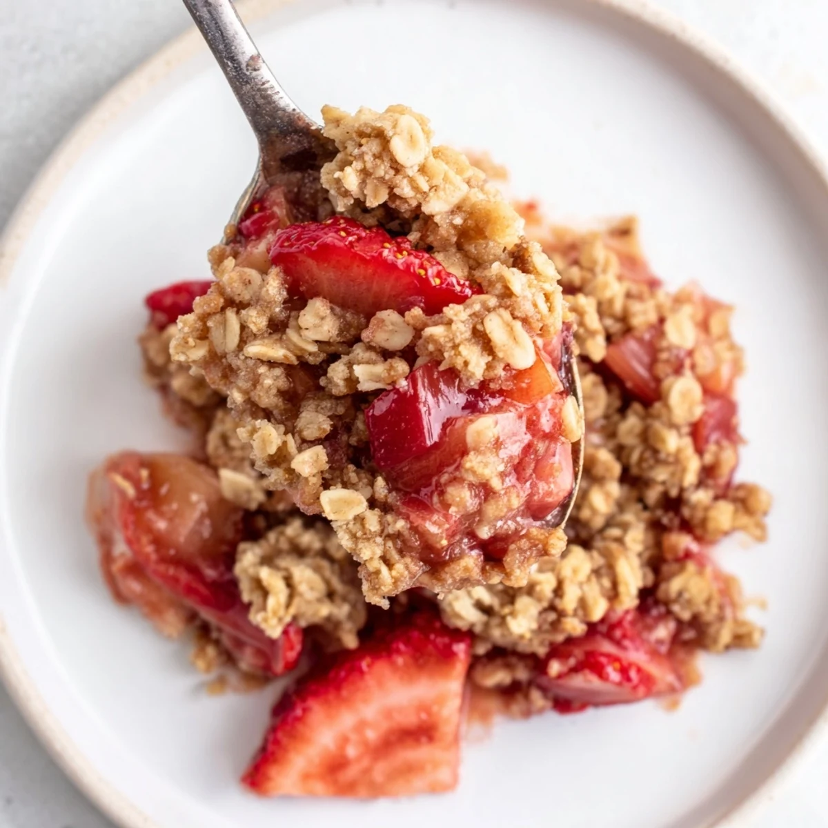 Warm Strawberry Rhubarb Crisp Recipe bubbling with tart fruit, golden oat topping.