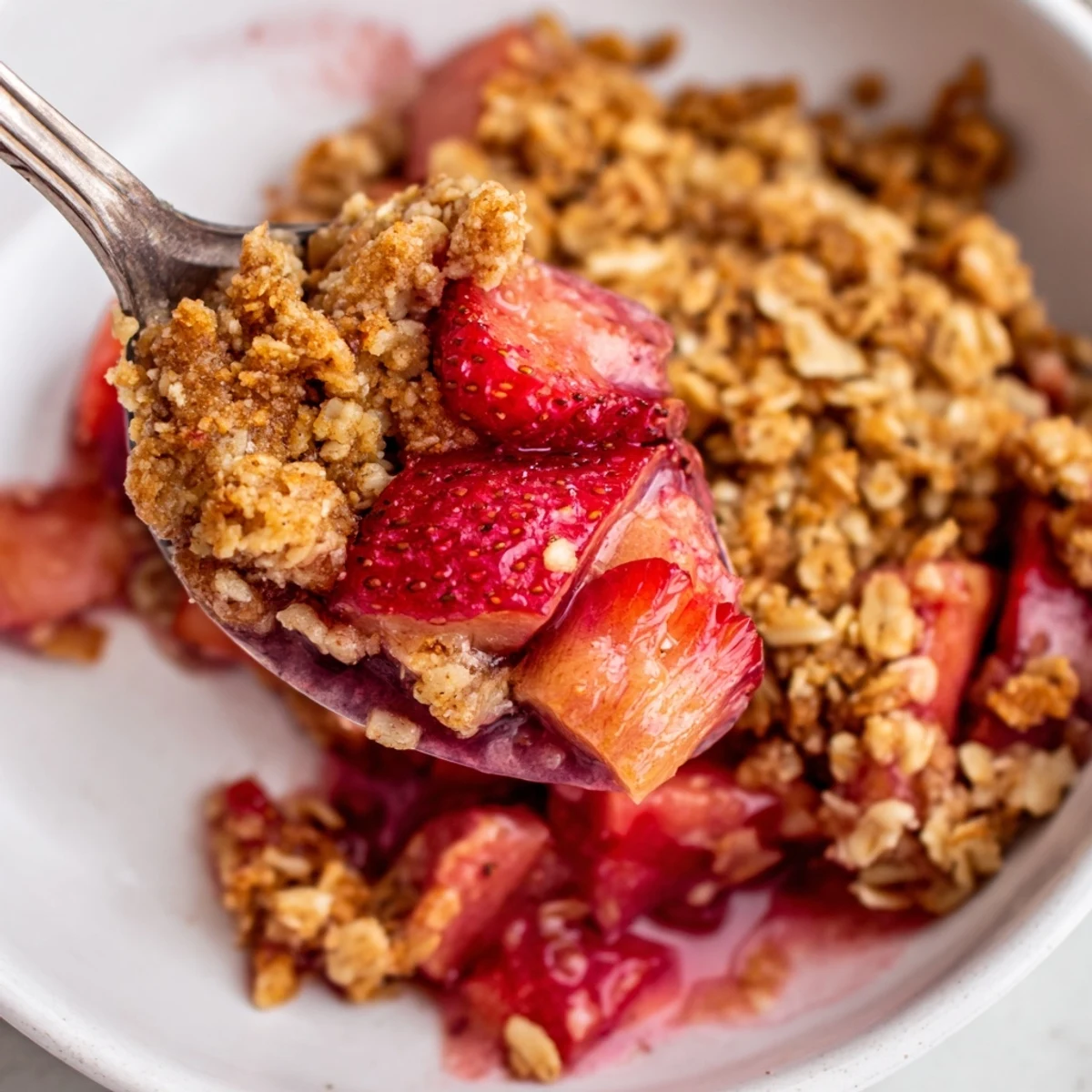 Fresh-baked Strawberry Rhubarb Crisp Recipe in a rustic dish, fragrant and golden.