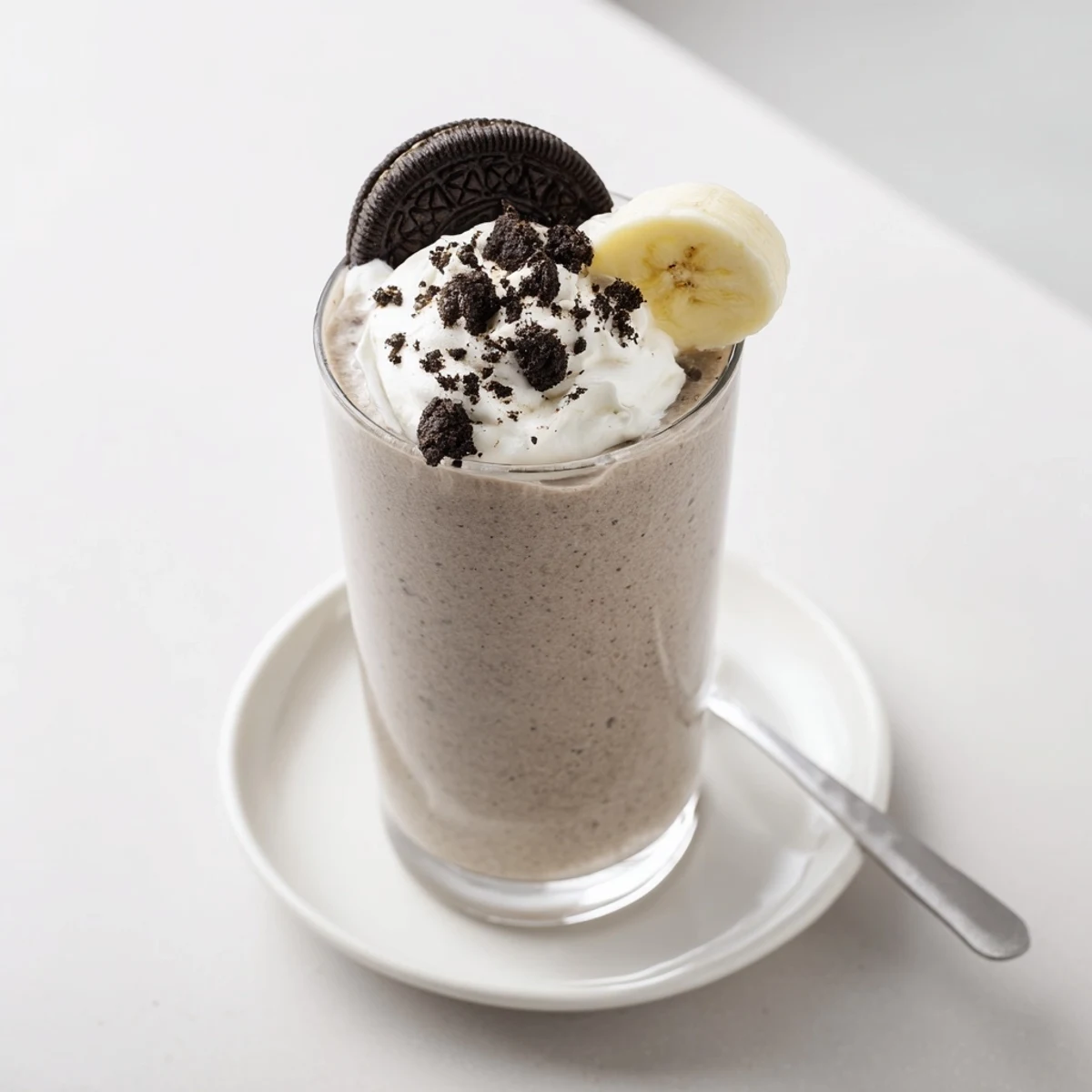 Frosty Cookies And Cream Protein Shake topped with whipped cream and crushed cookies