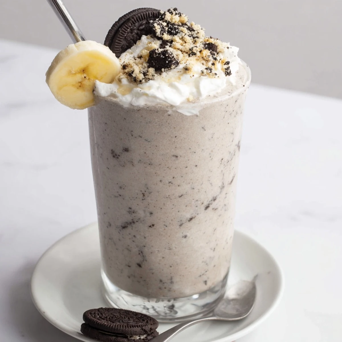 Cookies And Cream Protein Shake poured into tall glass with cookie crumbs