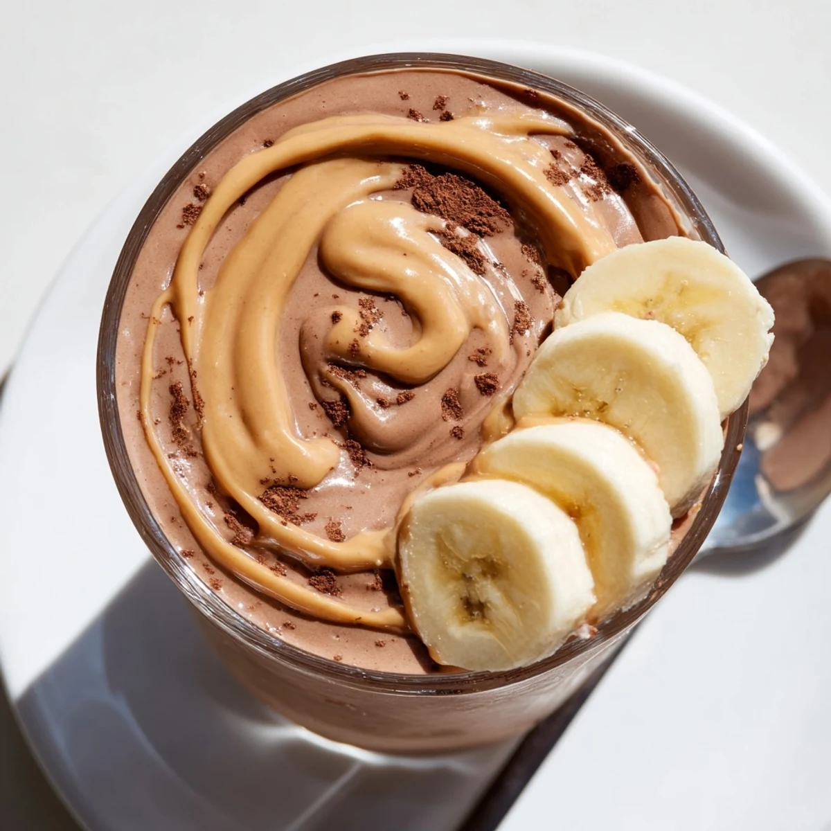 Icy Chocolate Peanut Butter Banana pouring from blender, thick texture and chocolate flecks