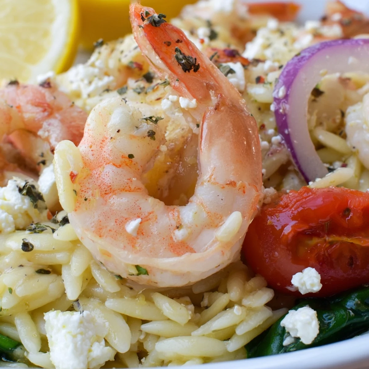 Bright Lemon Feta Orzo Shrimp Recipe perfect for weeknight dinners, creamy, briny