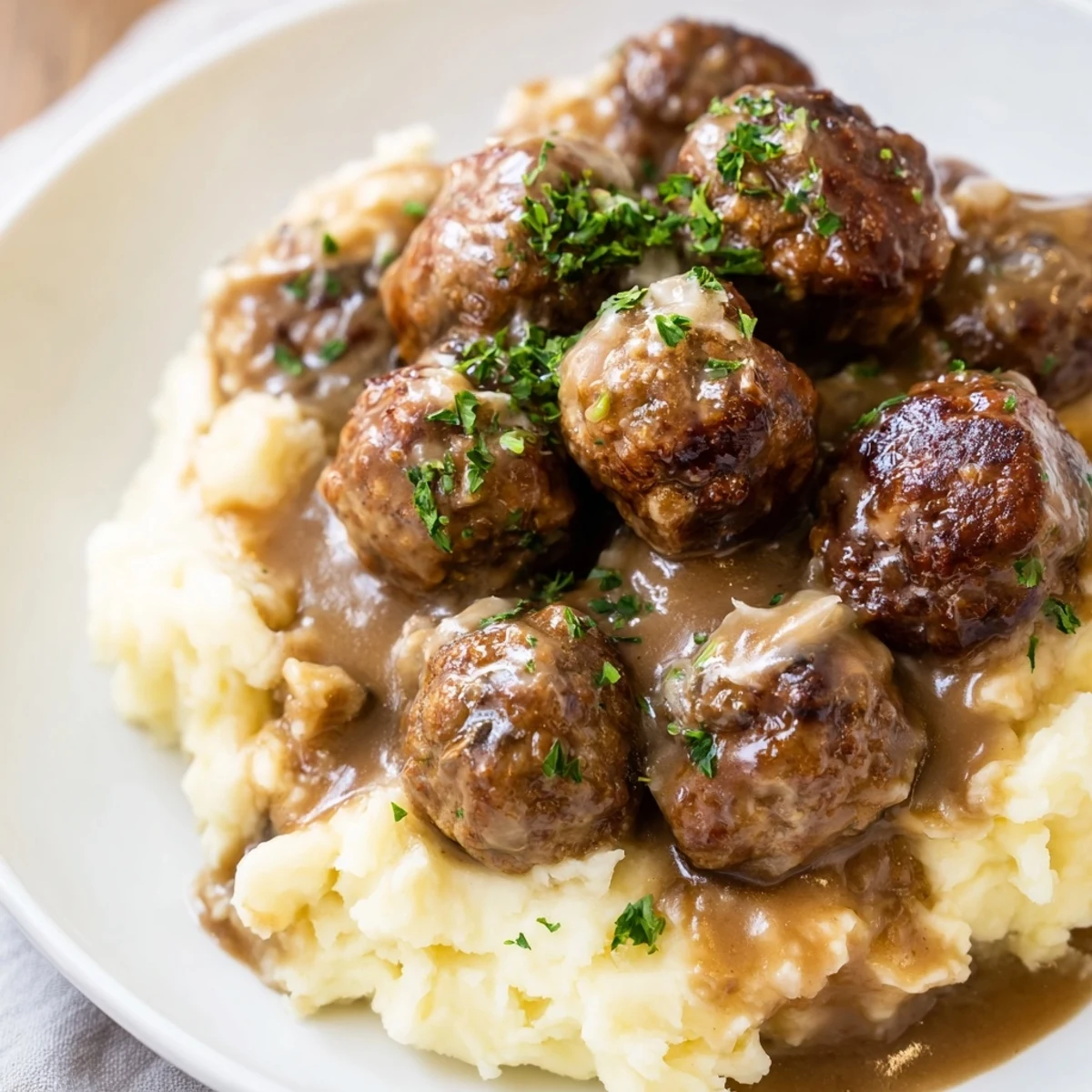 Crockpot Meatballs Gravy bubbling over mashed potatoes, glossy brown sauce coating plump bites