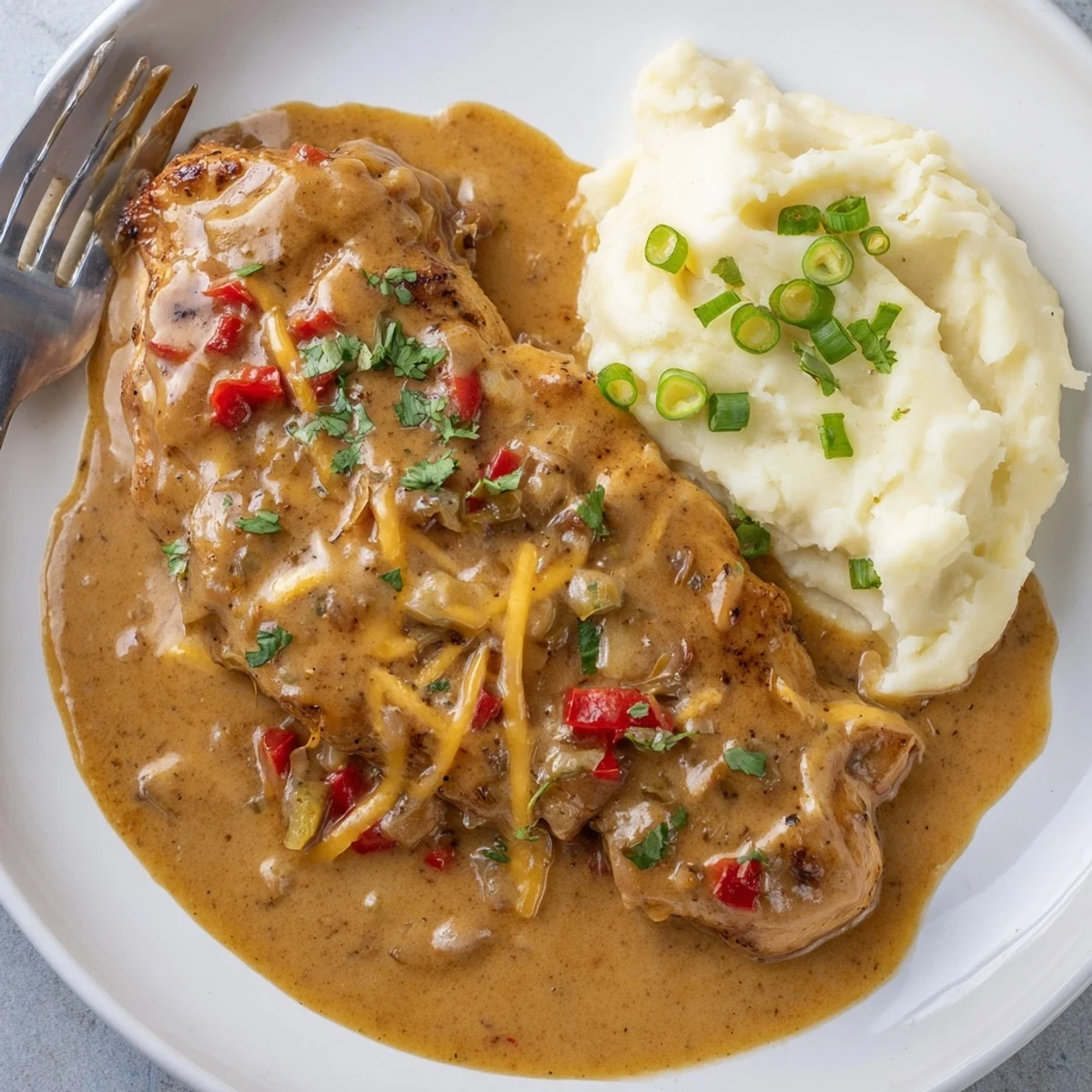Mississippi Mud Chicken baked in skillet with creamy smoky sauce, parsley garnish