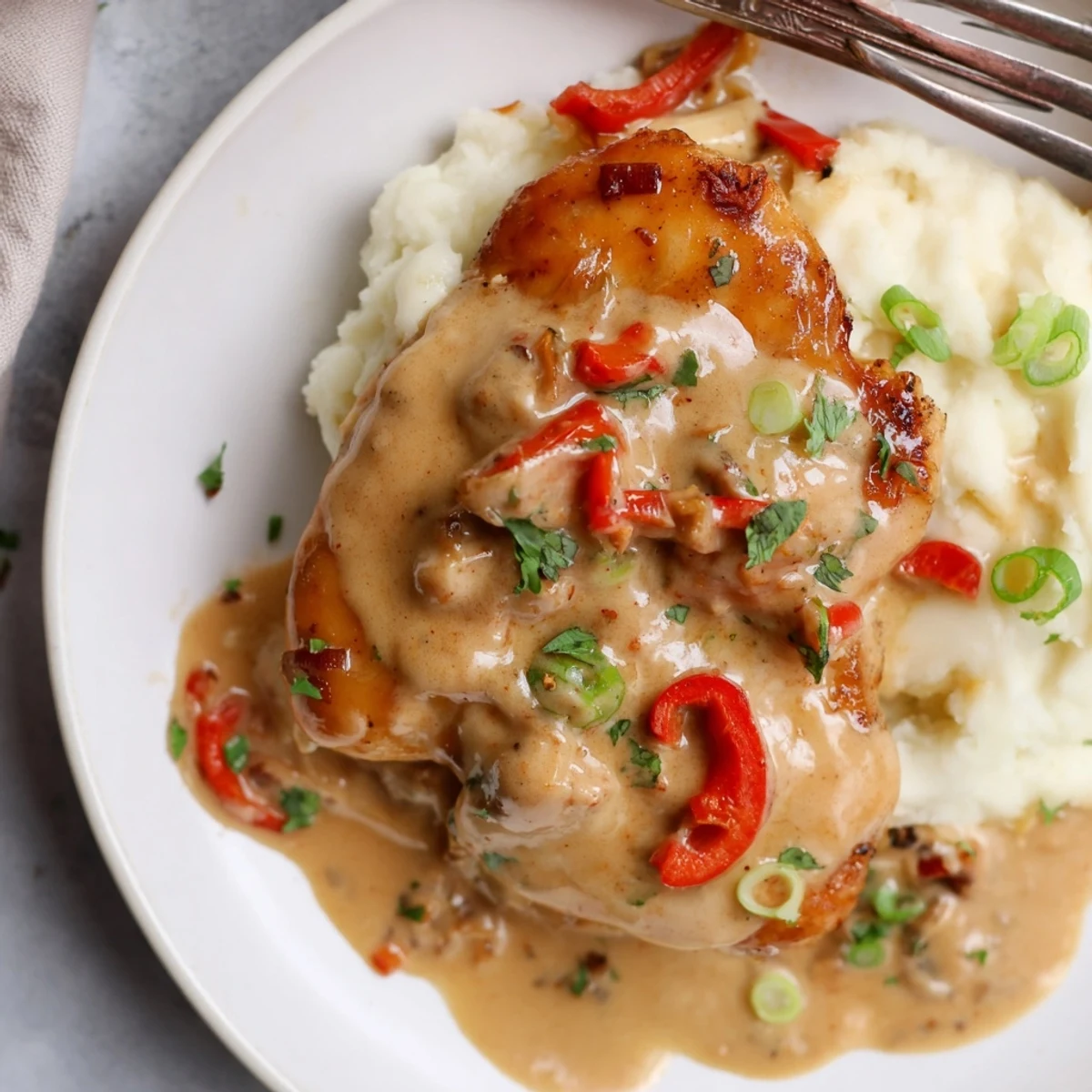 Seared Mississippi Mud Chicken smothered in tangy cheddar cream, served with cornbread