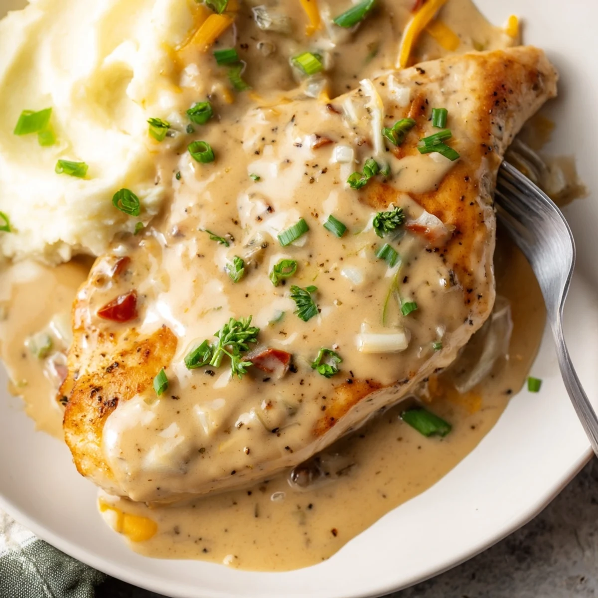 Golden Mississippi Mud Chicken resting in rich, peppered sauce over mashed potatoes