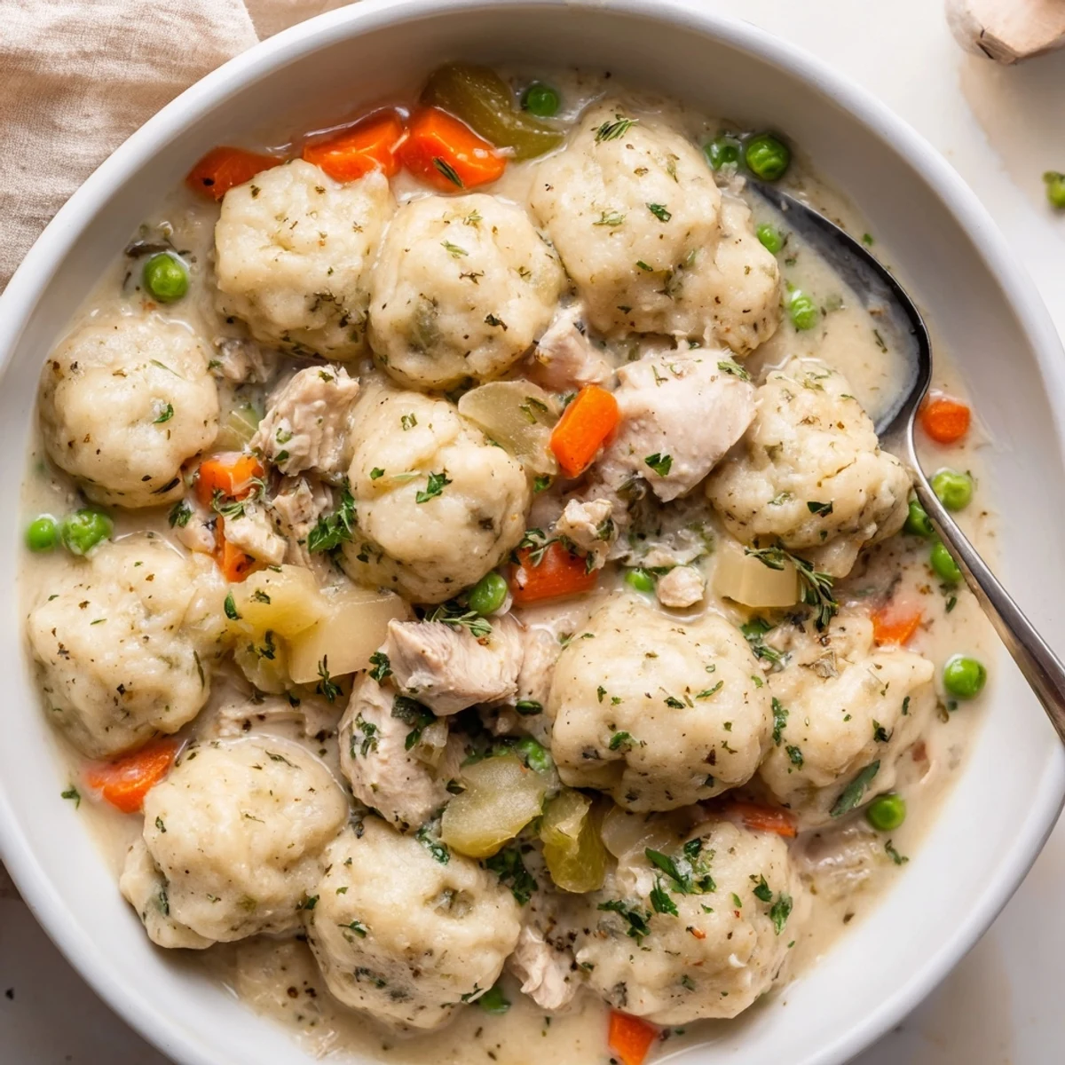One Pot Chicken And Dumplings simmering in Dutch oven, tender chicken and fluffy dumplings