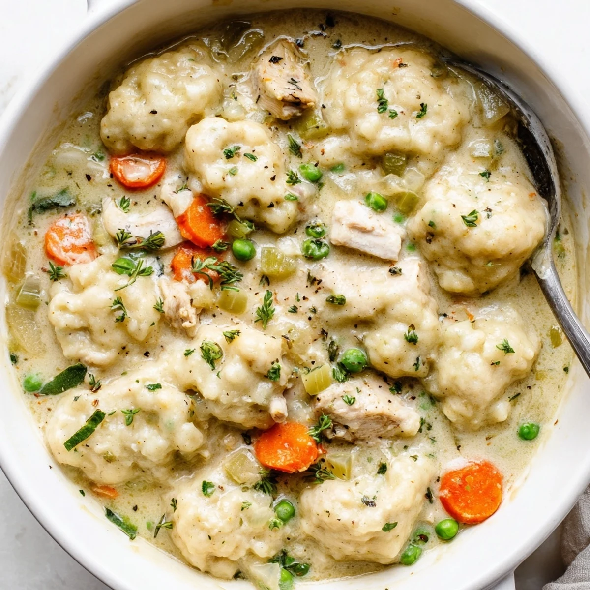 Hearty One Pot Chicken And Dumplings ladled into bowls, creamy broth and veggies