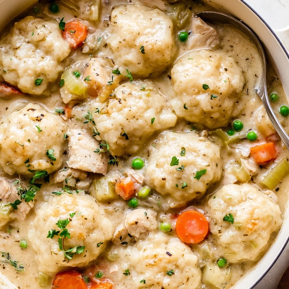 Slow-simmered One Pot Chicken And Dumplings topped with parsley, steaming and comforting