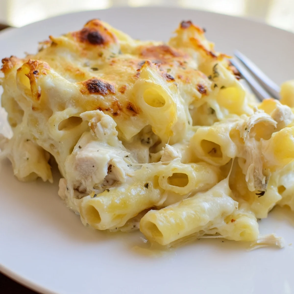 Creamy Chicken Alfredo Bake With Mozzarella Crust steaming, golden top, tender chicken peeking