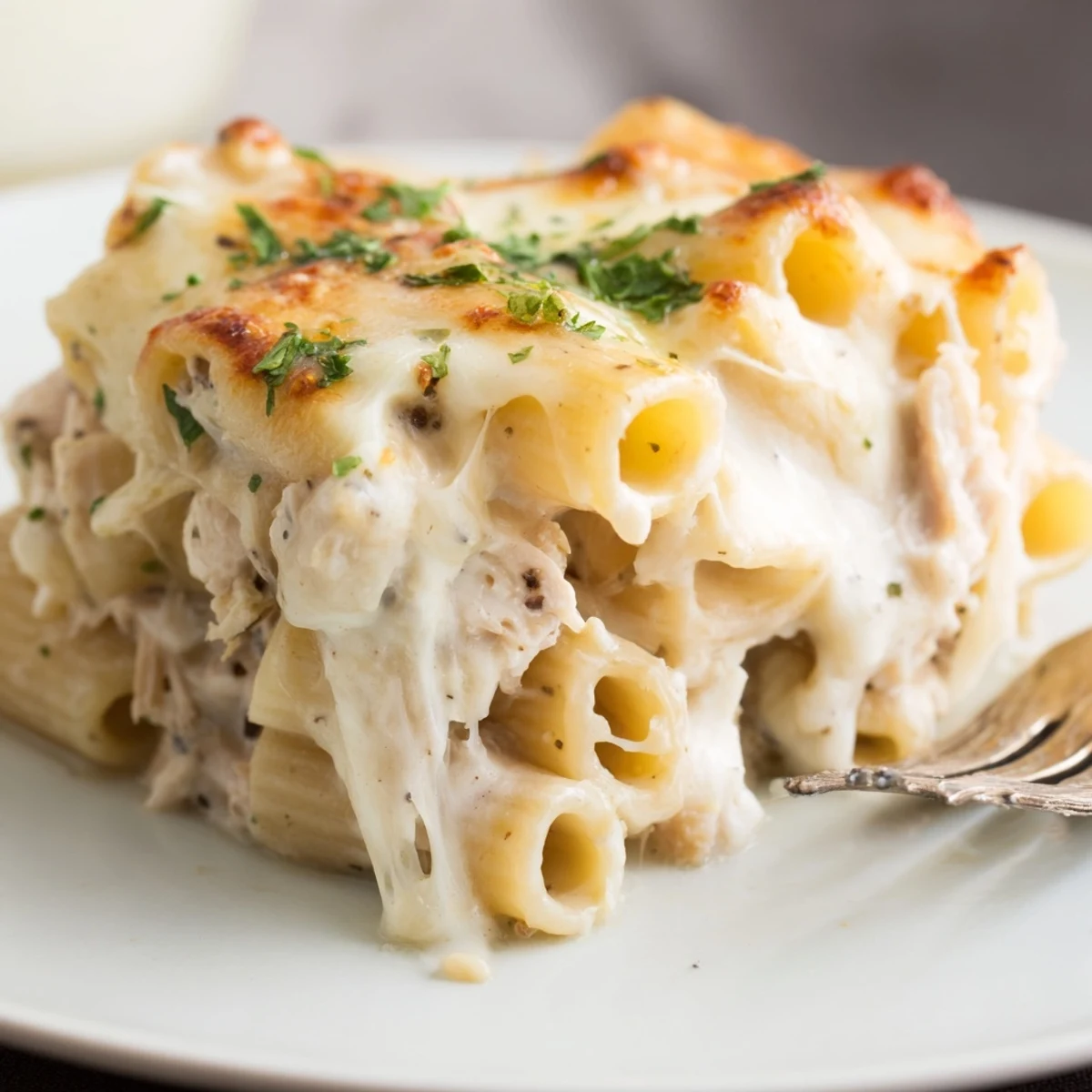 Bubbling, creamy sauce and parsley garnish in Creamy Chicken Alfredo Bake With Mozzarella Crust