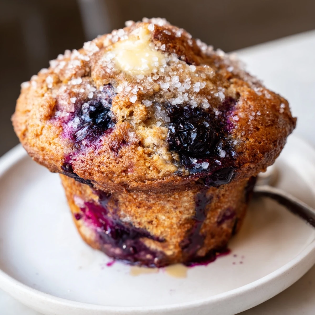 Warm Blueberry Banana Muffins split open, bursting with juicy berries