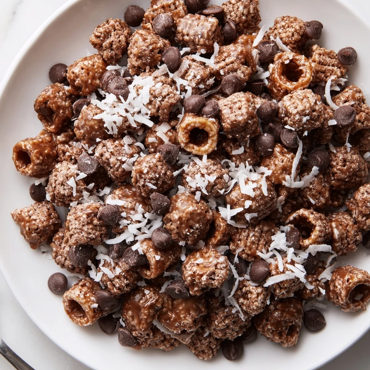 Samoas Puppy Chow Cereal piled on parchment, glossy chocolate caramel, toasted coconut.