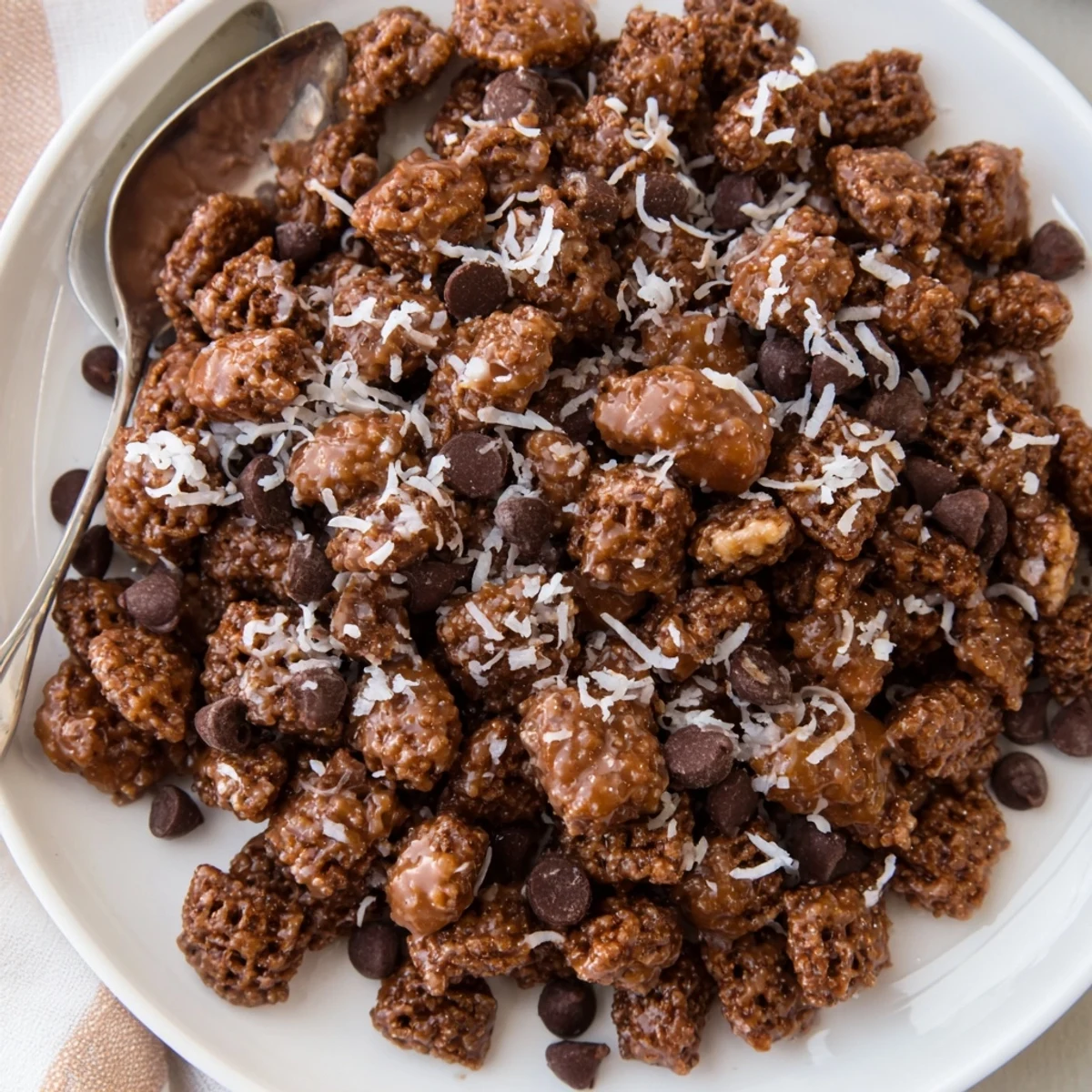 Samoas Puppy Chow Cereal in bowl, powdered sugar dusting, sweet crunch.