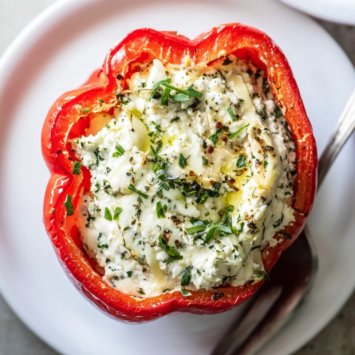 Herby Ricotta Stuffed Peppers fresh from oven, golden tops and fragrant herbs