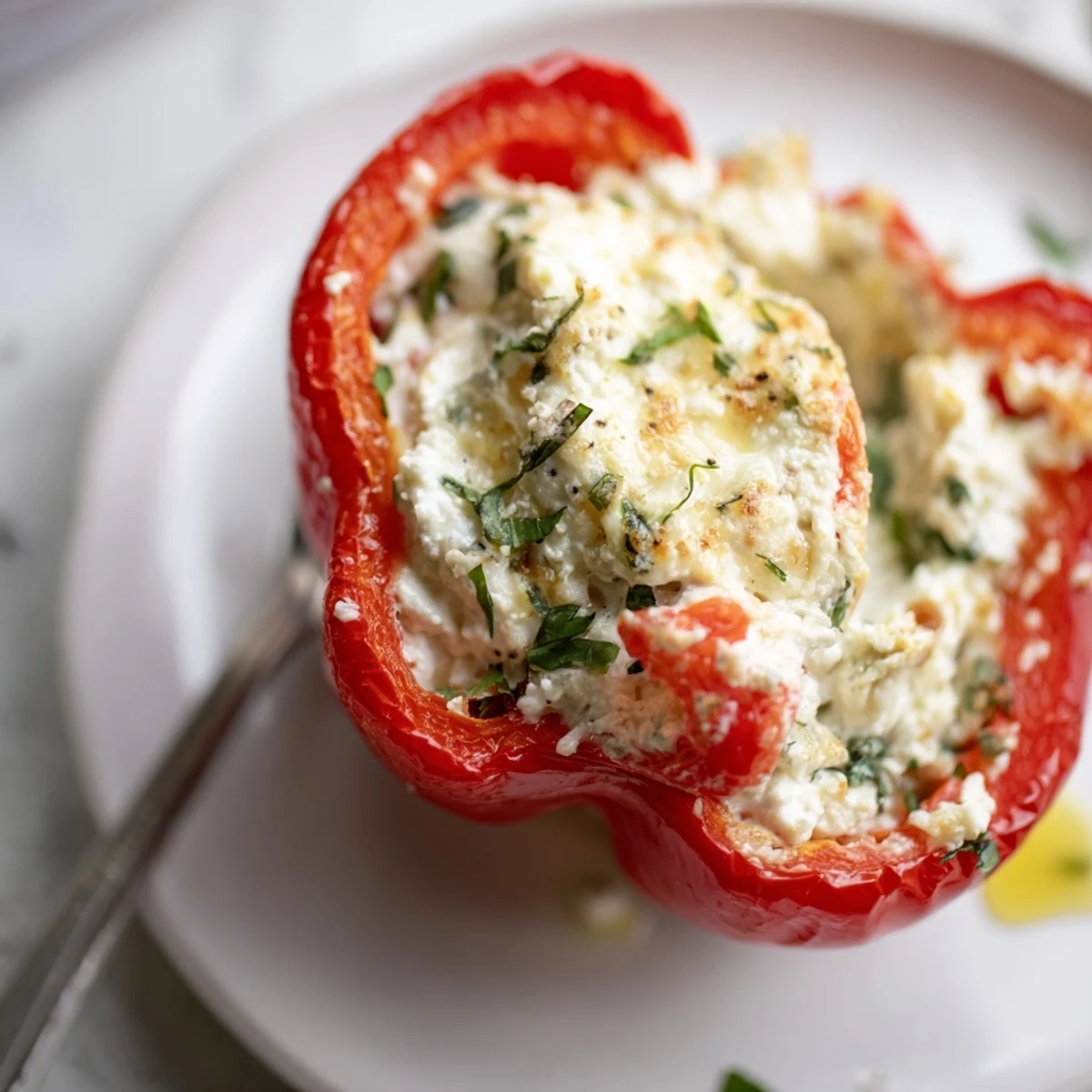 Golden-browned pepper halves served warm, Herby Ricotta Stuffed Peppers with basil