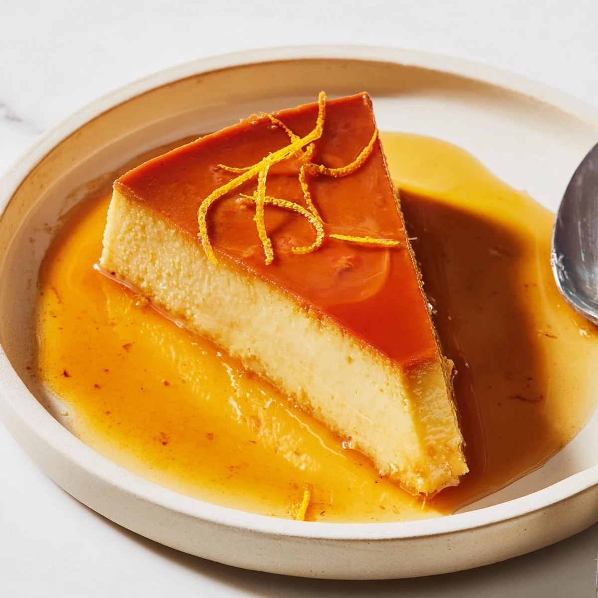 Creamy Flan Napolitano glistening with amber caramel, sliced and chilled.