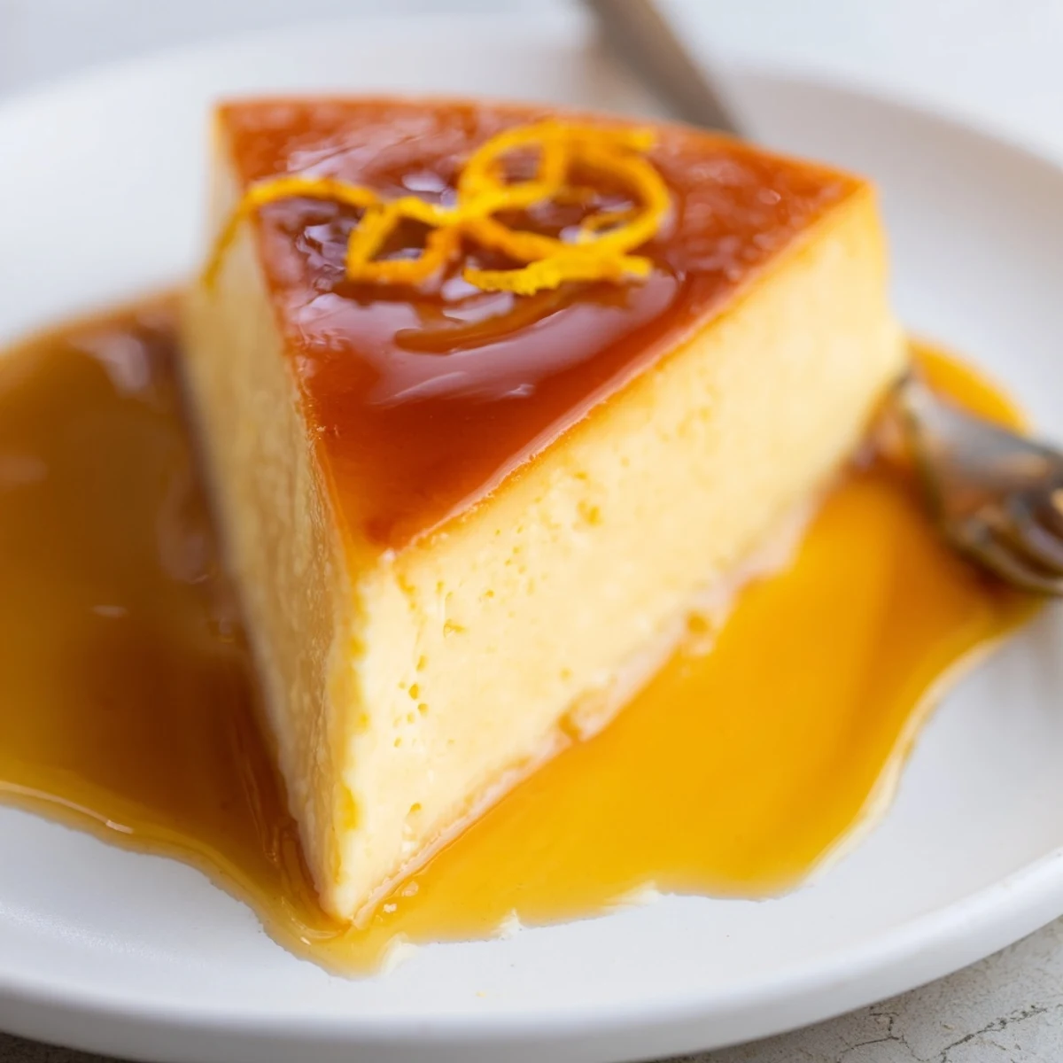 Slice of Flan Napolitano draped in caramel, served with espresso.