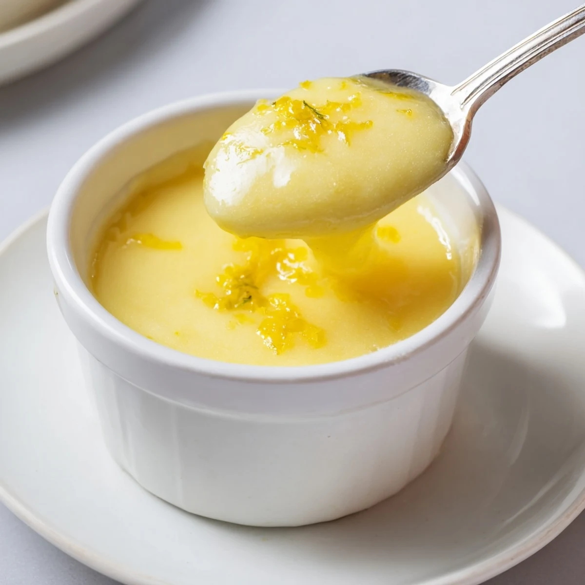 Spoon lifting Homemade Lemon Curd, tangy zest flecks, perfect for scones