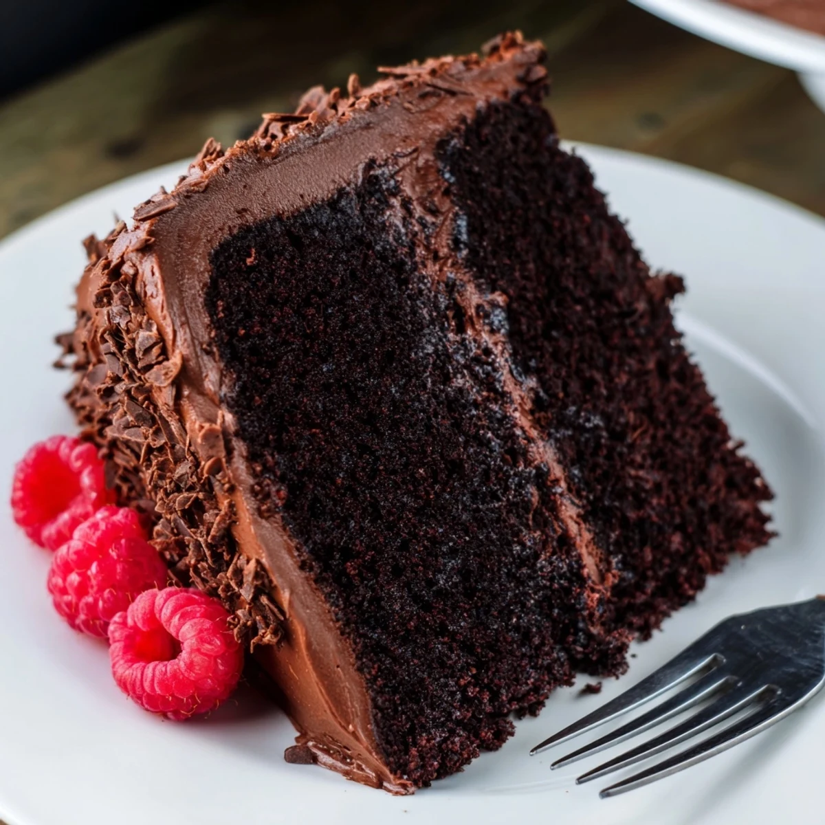 Chocolate Cake Recipe moist layers with glossy frosting, sliced on cake stand.