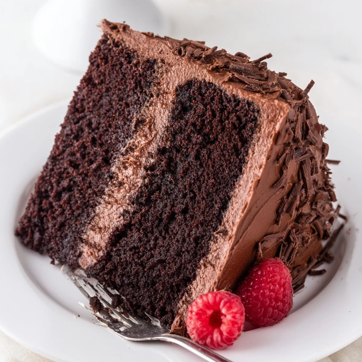 Decadent Chocolate Cake Recipe sliced beside coffee cup, rich crumb visible.