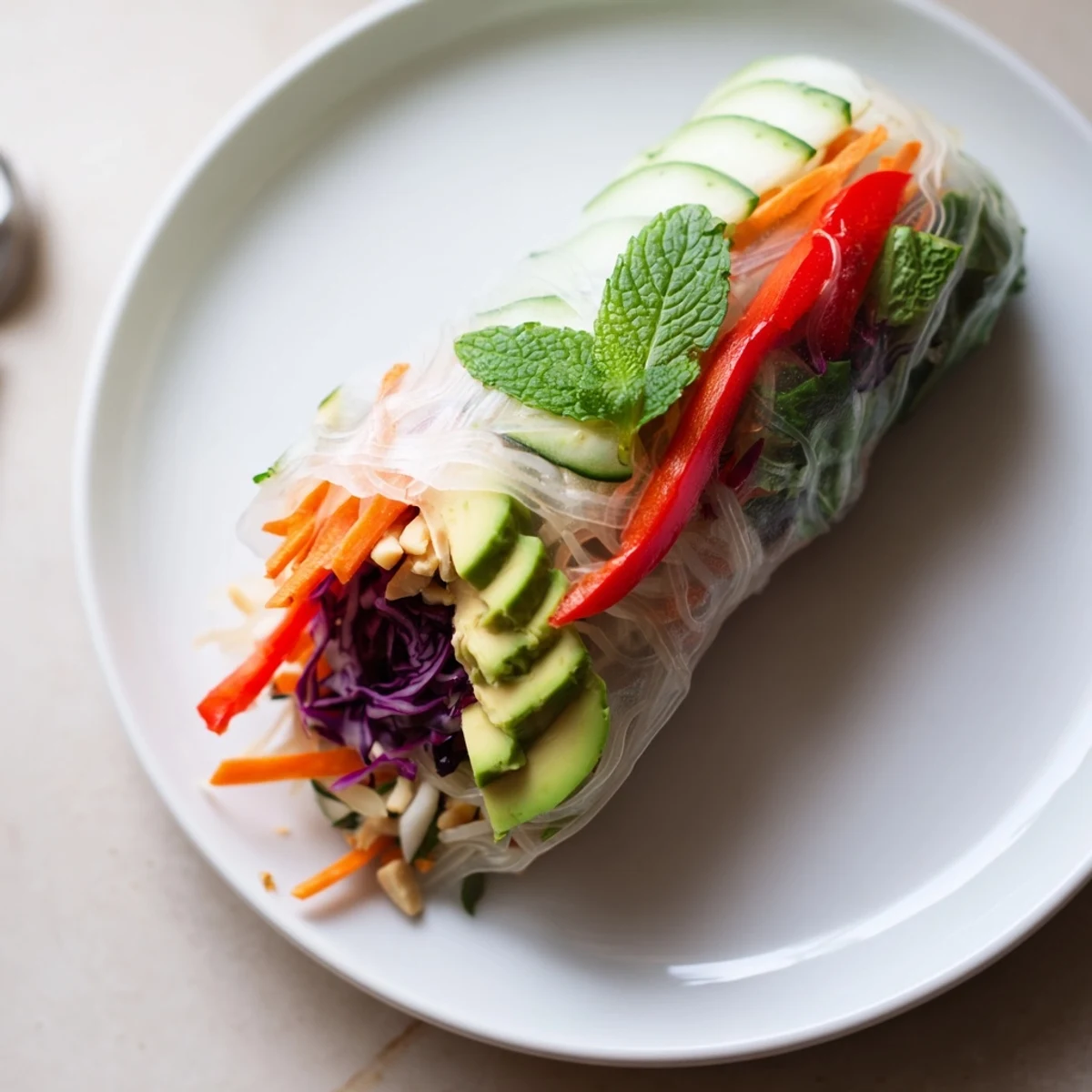 Fresh Gluten Free Vegetable Spring Rolls showing colorful julienned vegetables and herbs.