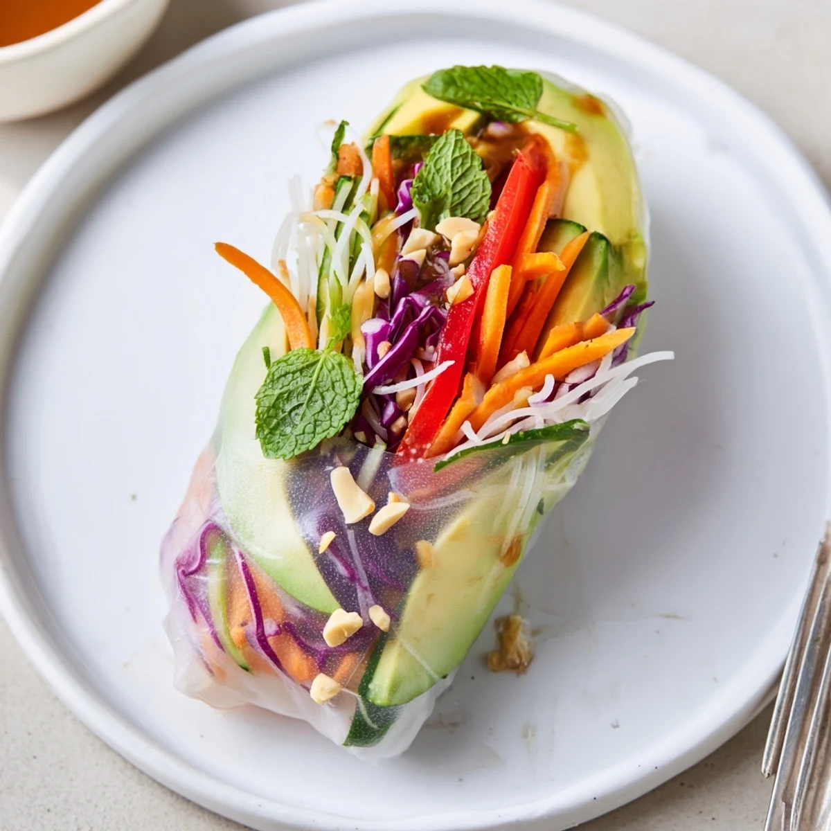 Handheld Gluten Free Vegetable Spring Rolls wrapped in translucent rice paper with sriracha.