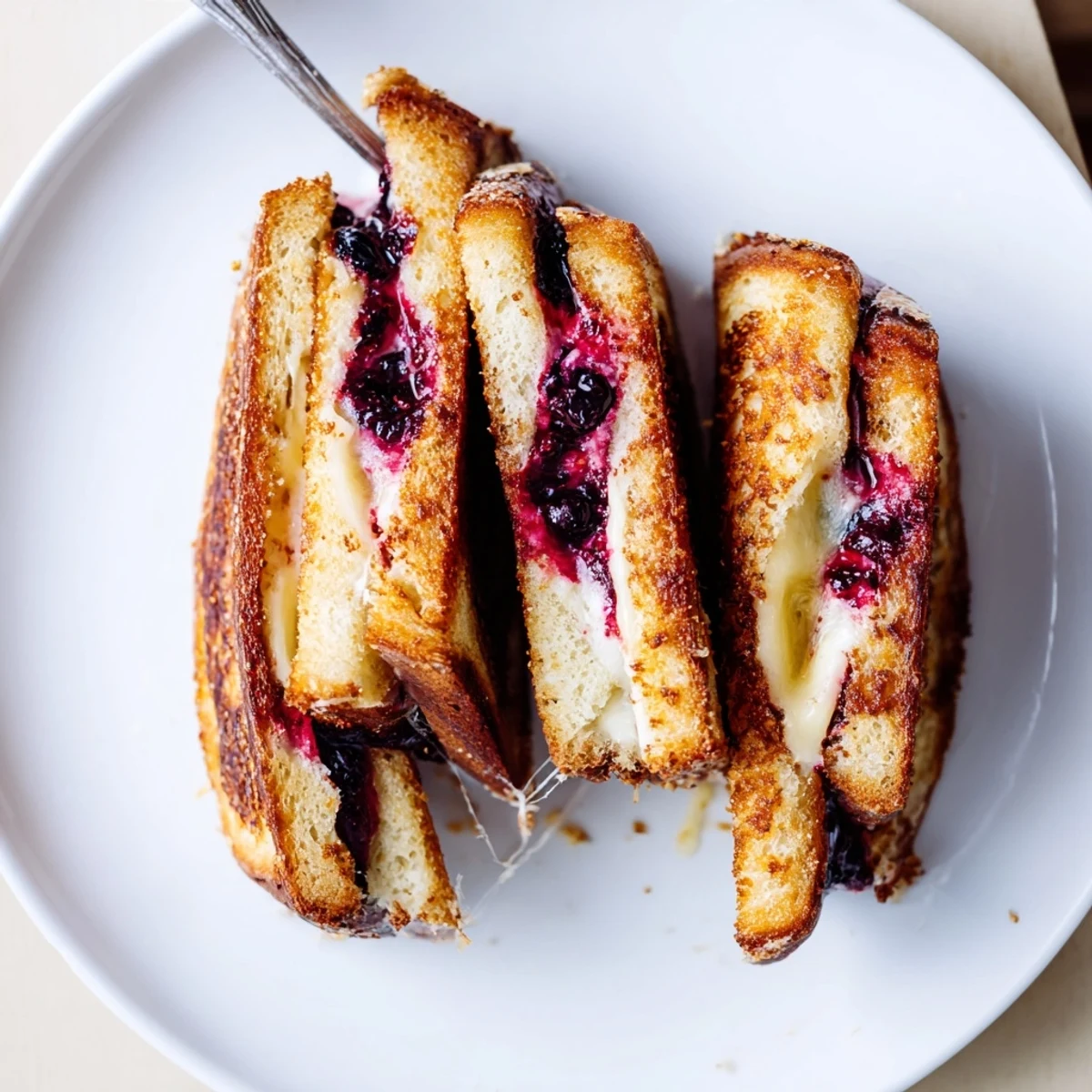 Warm Crispy Blueberry Grilled Cheese sliced, sweet blueberry burst and buttery crunch