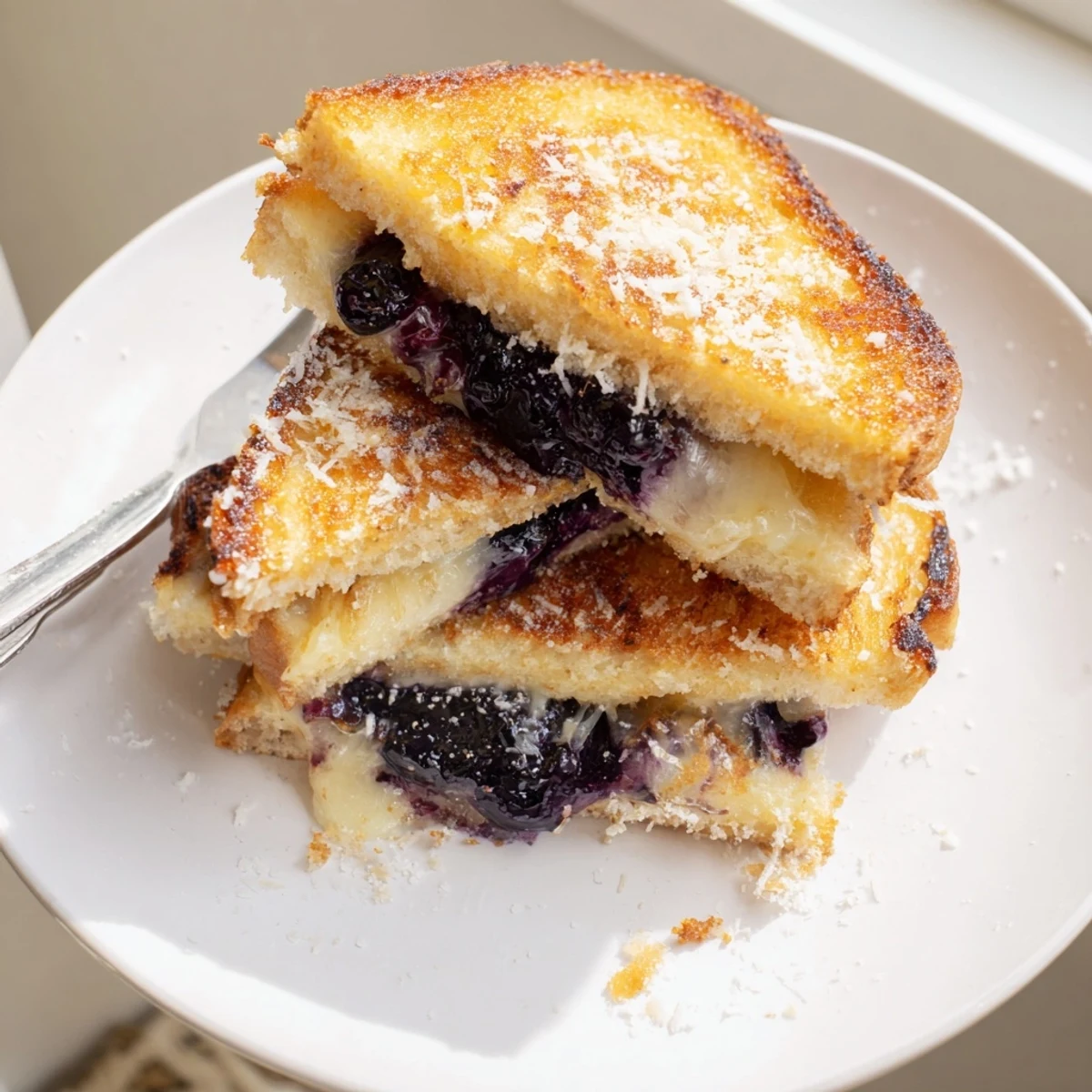 Pan-seared Crispy Blueberry Grilled Cheese served hot with lemon-zest honey drizzle