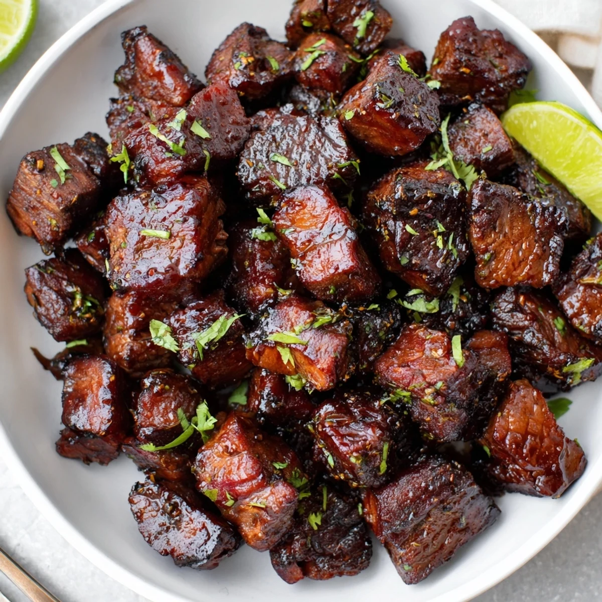 Glistening seared Sweet Spicy Jerk Style Beef Bites with lime wedge