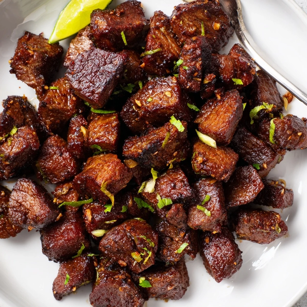 Citrus marinated Sweet Spicy Jerk Style Beef Bites on toothpicks, cilantro garnish