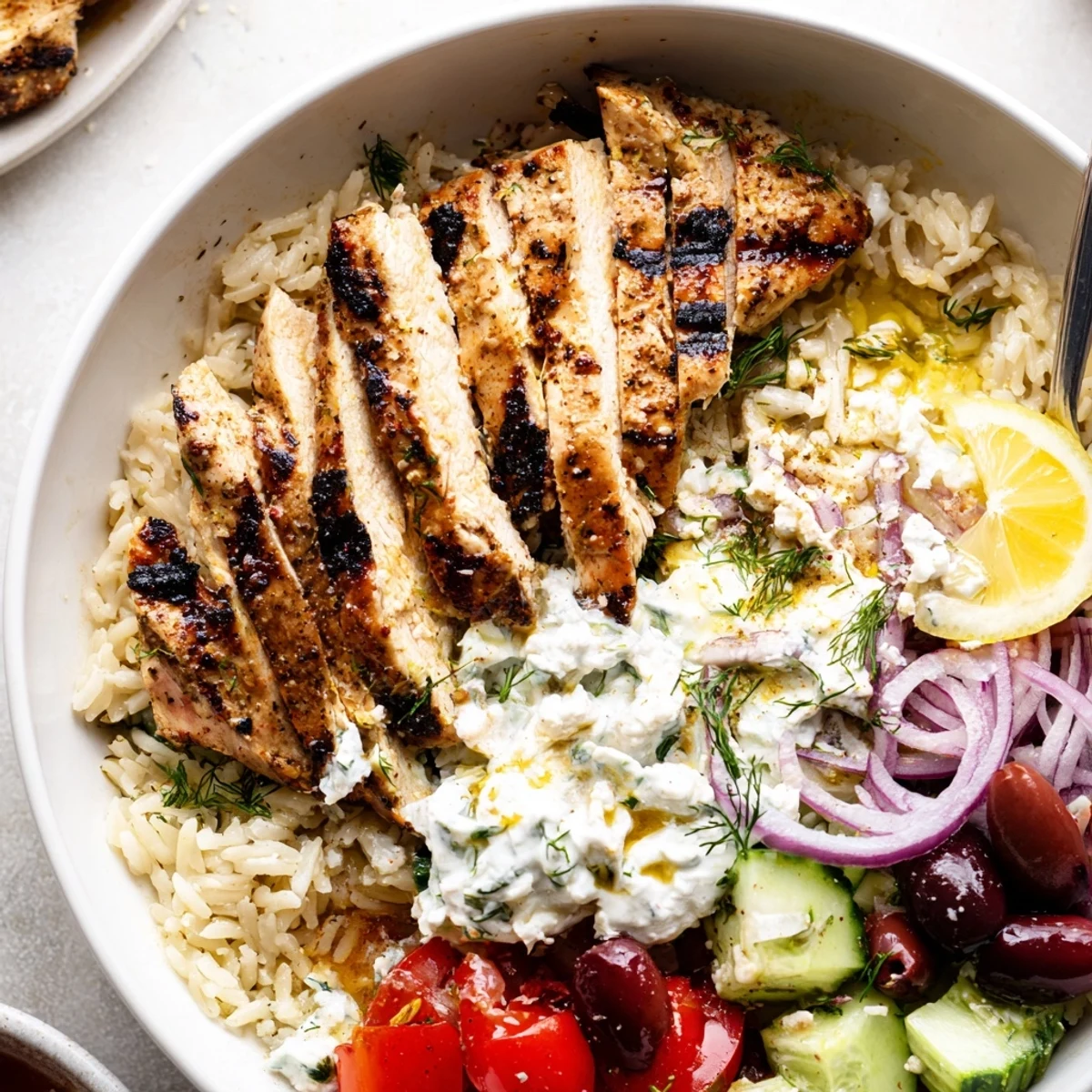 Greek Chicken Bowls with charred, lemon-marinated chicken over herbed rice