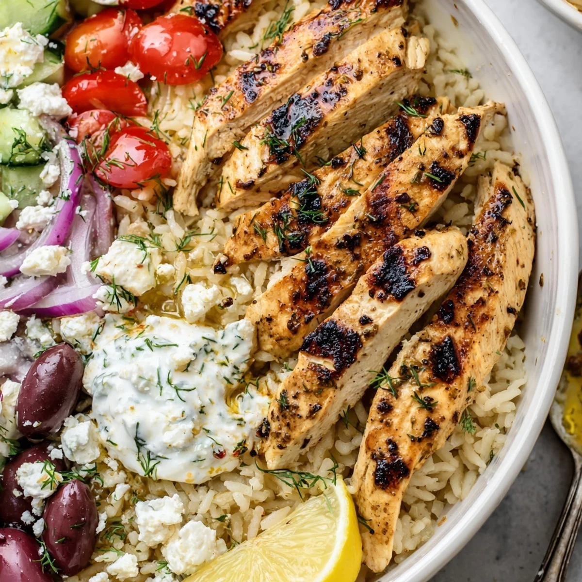 Aromatic Greek Chicken Bowls topped with creamy tzatziki, feta, and vivid tomatoes