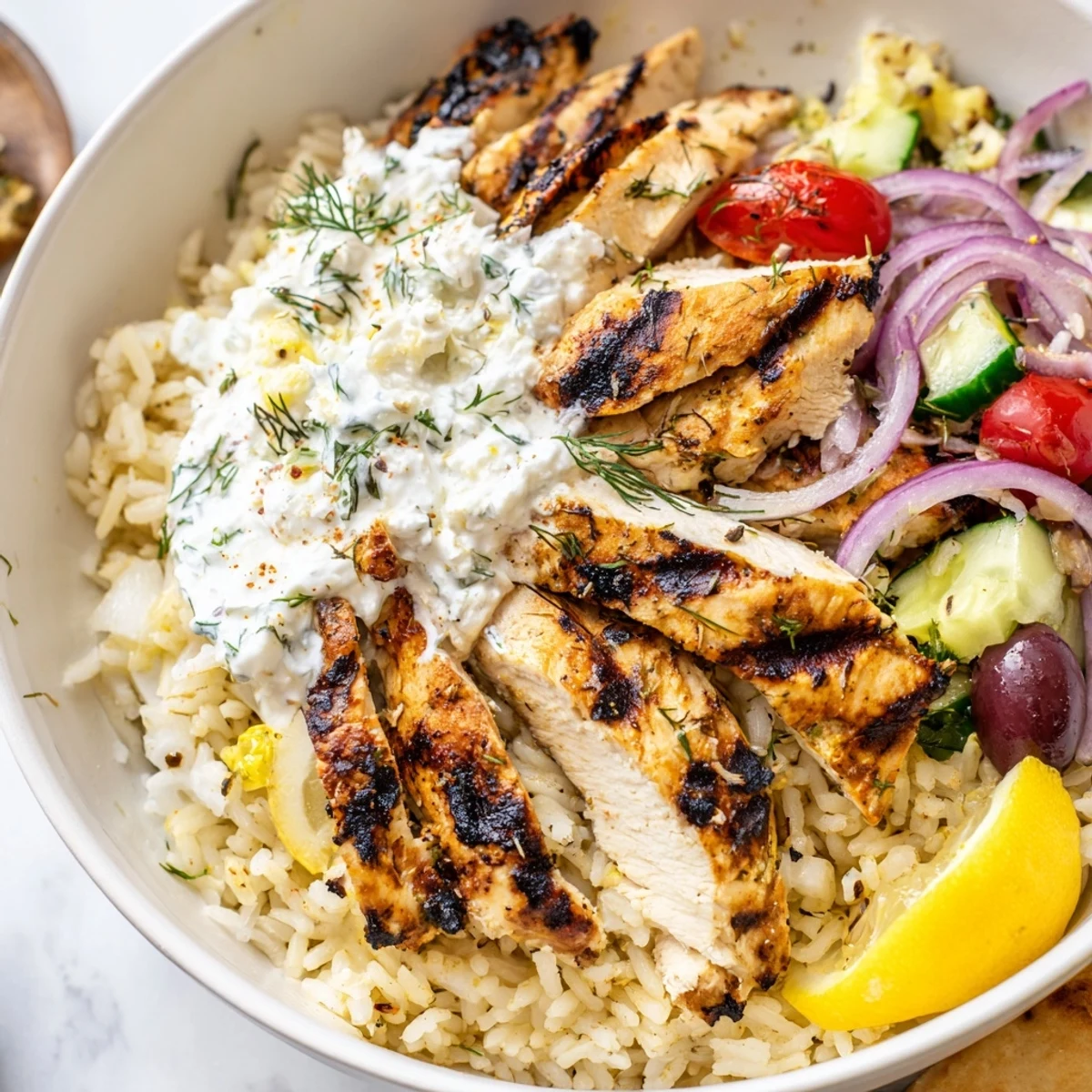 Grilled Greek Chicken Bowls served warm with lemon wedges, cucumbers, and olives