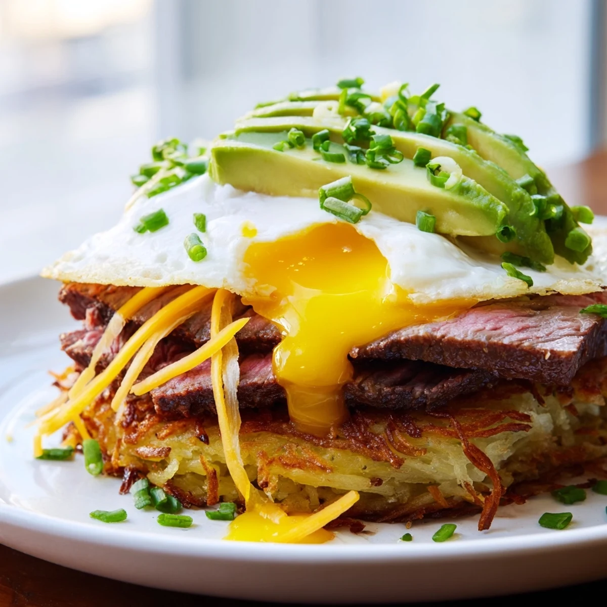 Loaded Steak Egg Hash Brown Stacks Recipe with crispy golden edges and seared steak
