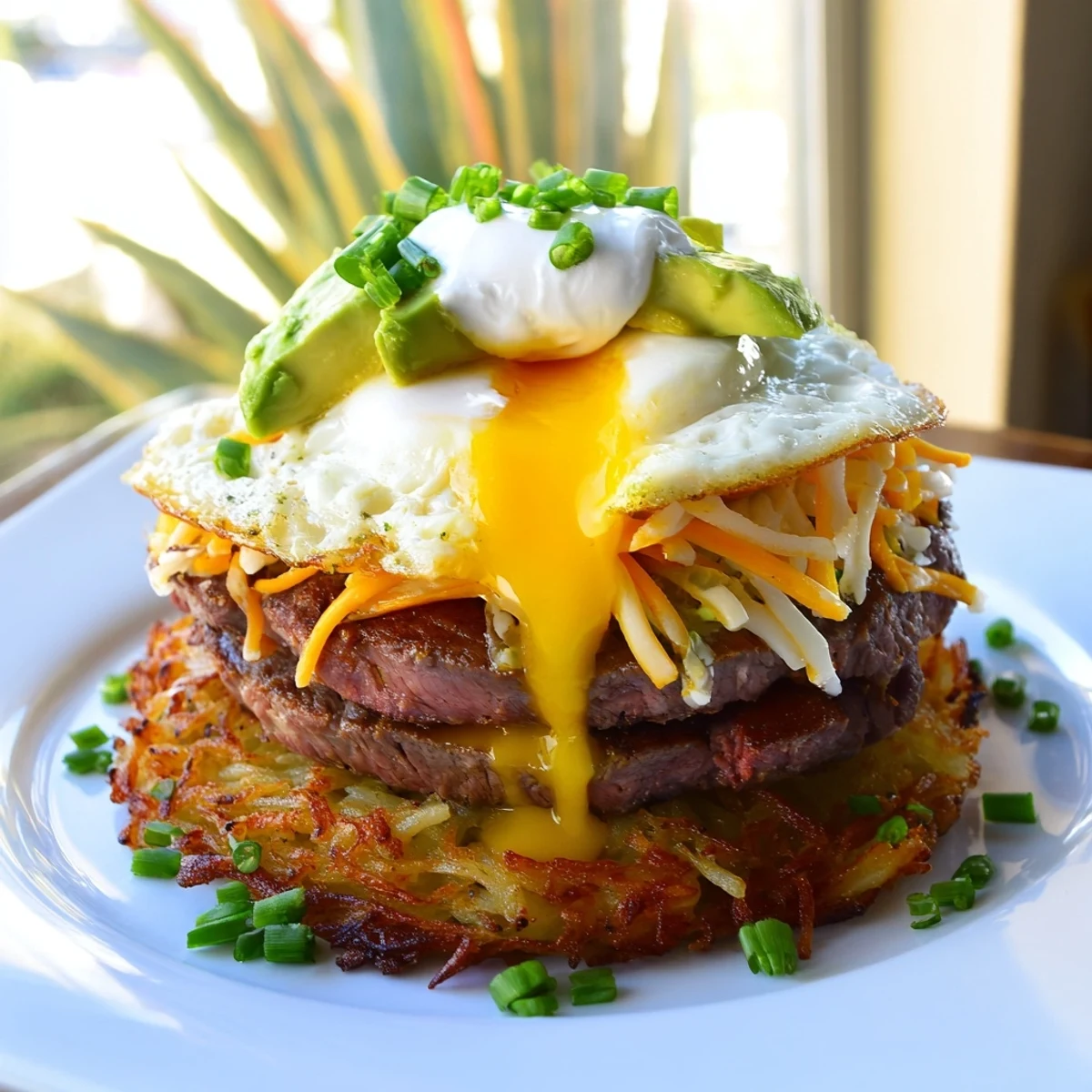 Loaded Steak Egg Hash Brown Stacks Recipe topped with runny yolk and fresh chives