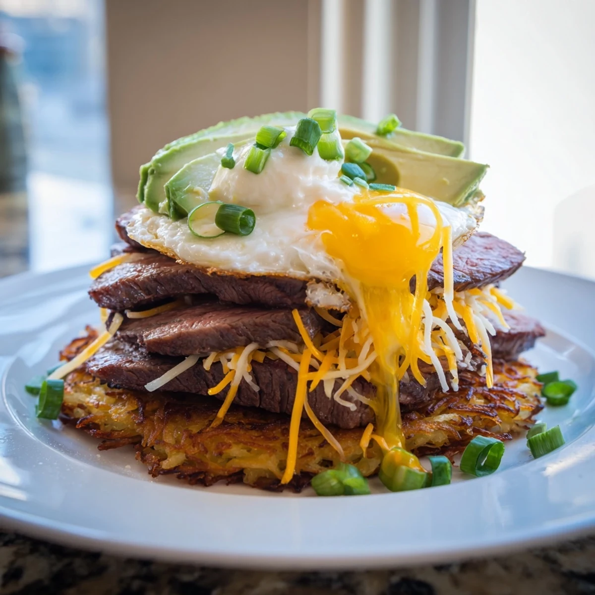 Loaded Steak Egg Hash Brown Stacks Recipe served hot with melting cheddar and avocado