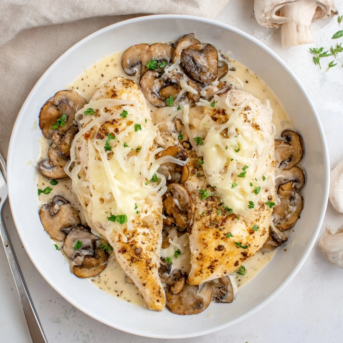 Cheesy Chicken Mushroom Bake bubbling golden, creamy sauce over tender oven baked chicken