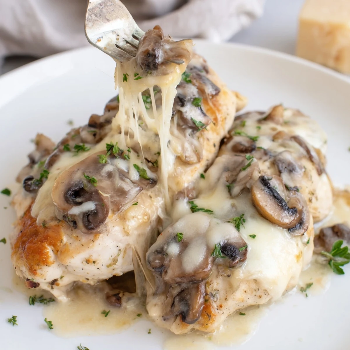 Warm Cheesy Chicken Mushroom Bake topped with melty mozzarella and chopped parsley